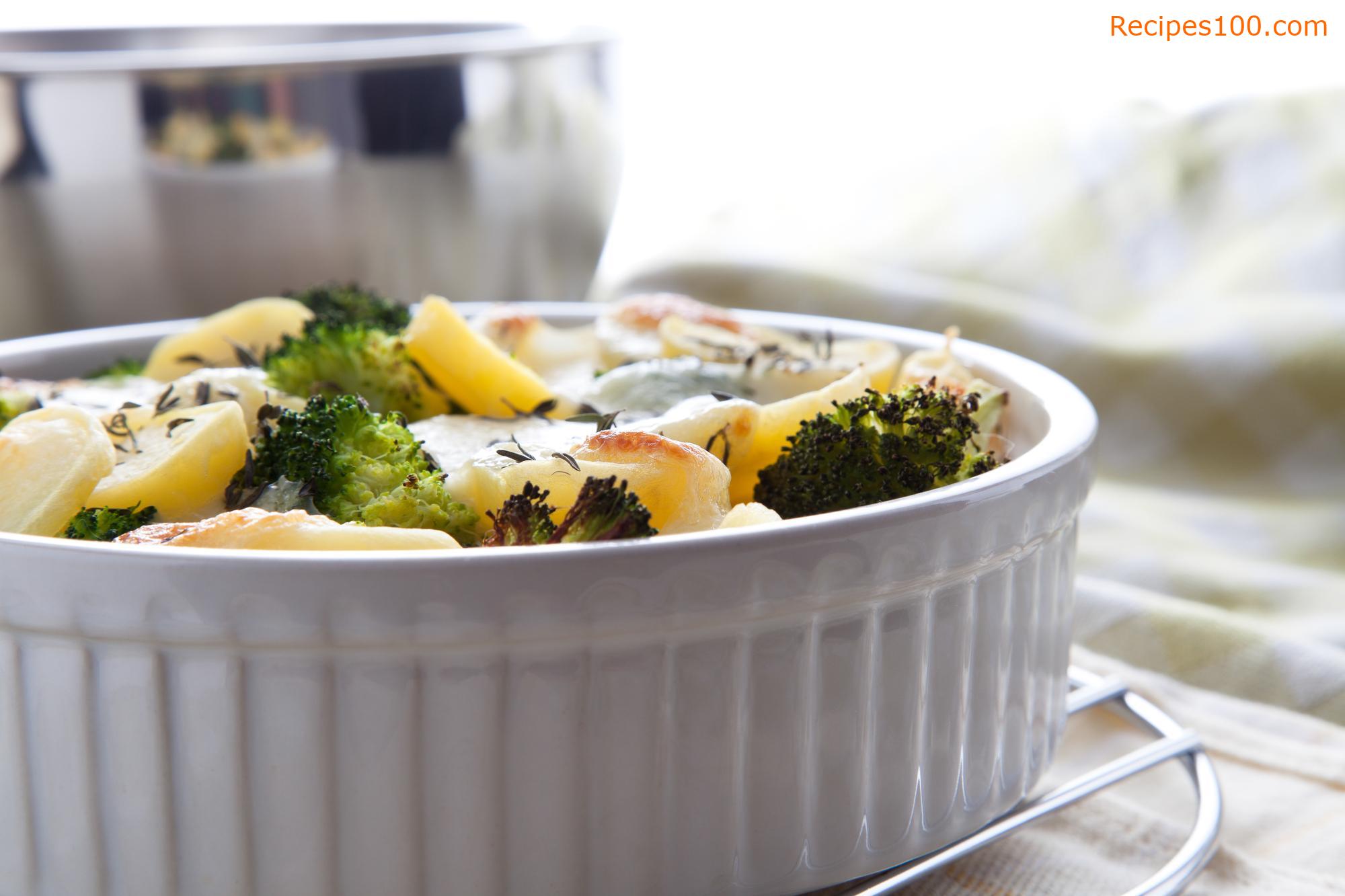 Baked potatoes with broccoli and chicken.