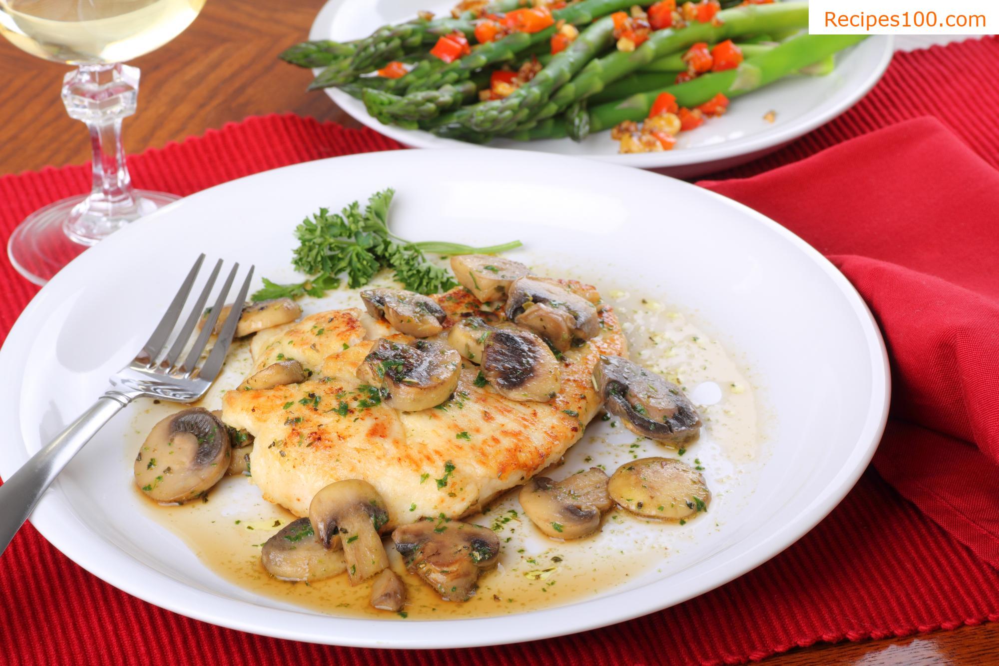 Chicken nature schnitzel with bacon and mushrooms