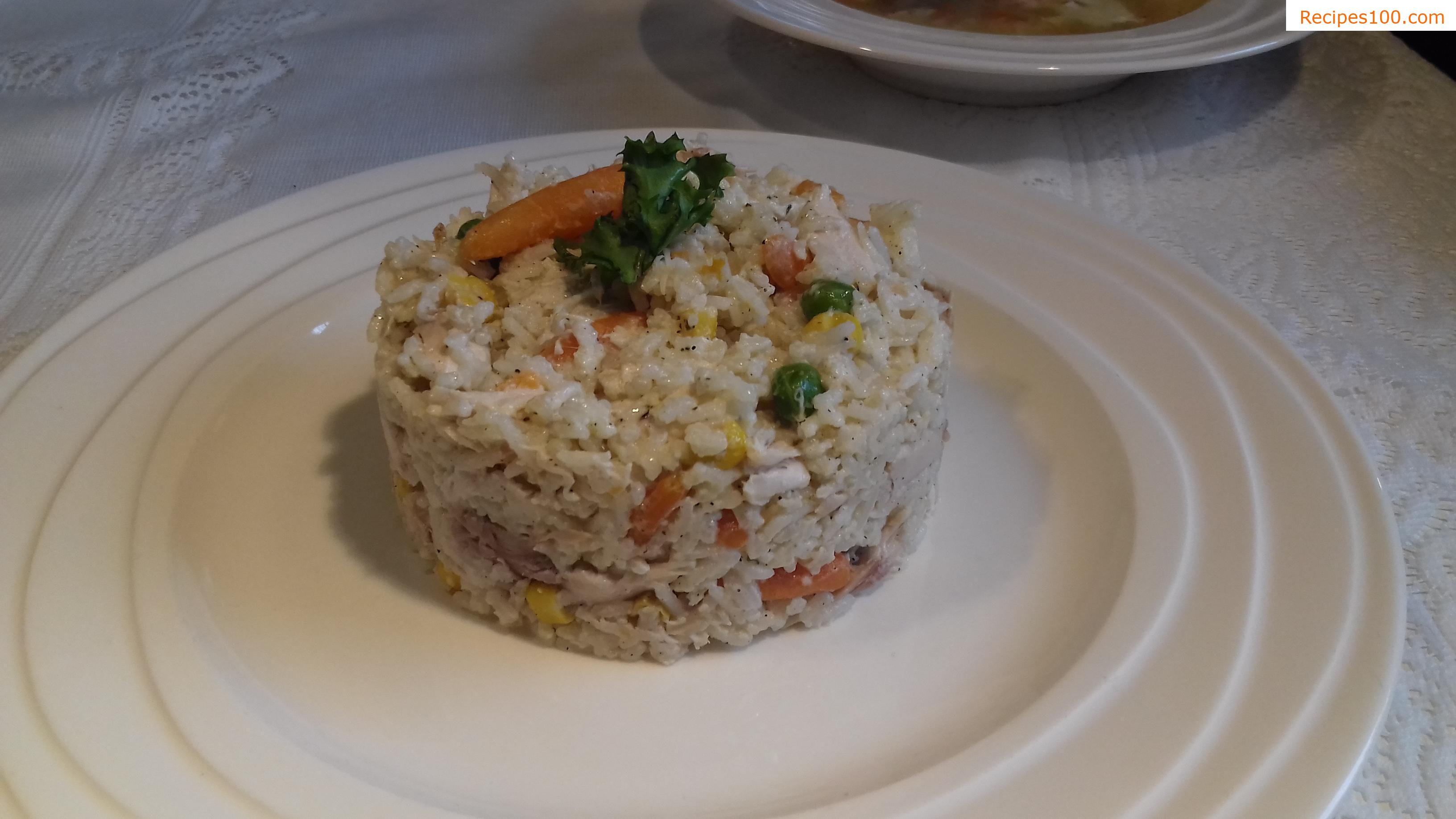 Chicken risotto with vegetables and mushrooms