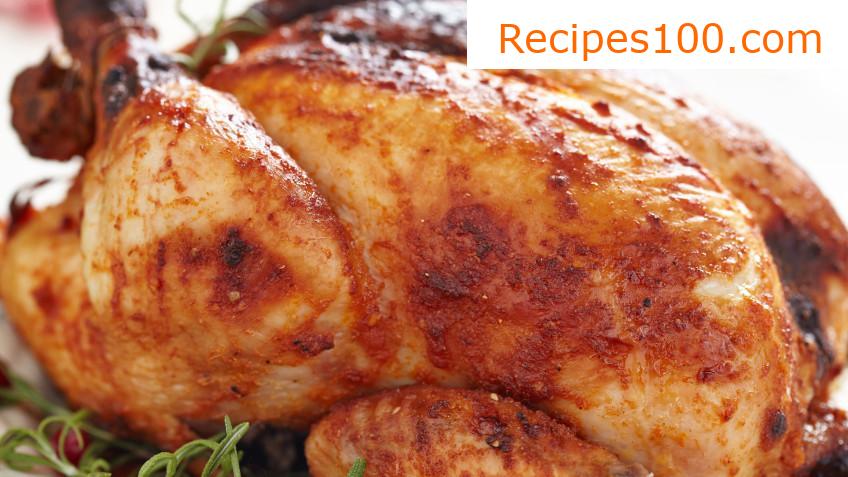 Juicy herb chicken roasted on coarse salt