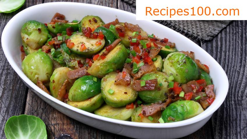 Pork pieces with bacon and Brussels sprouts
