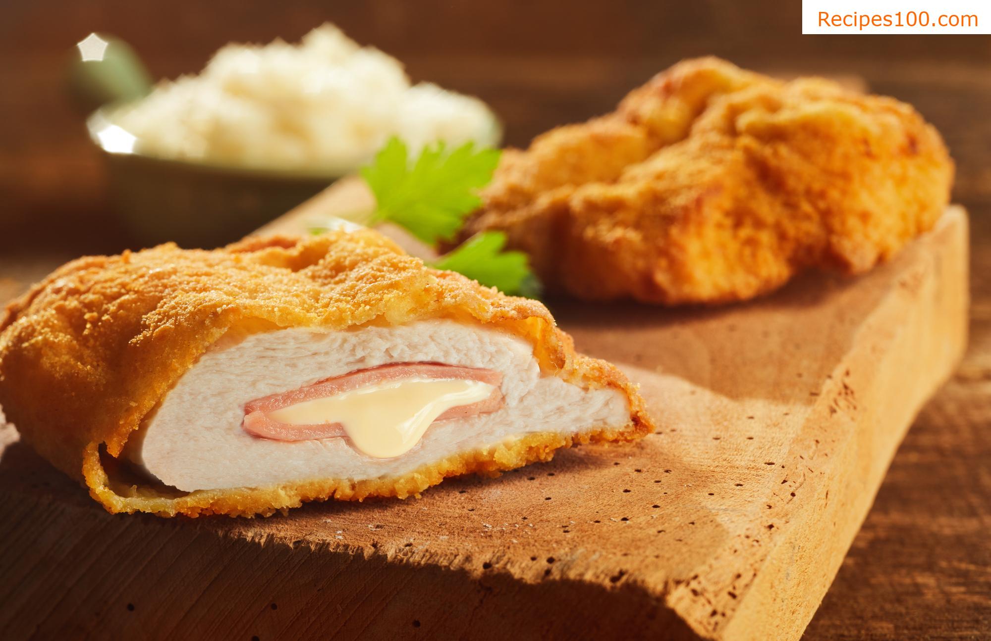 Pork schnitzel stuffed with mozzarella