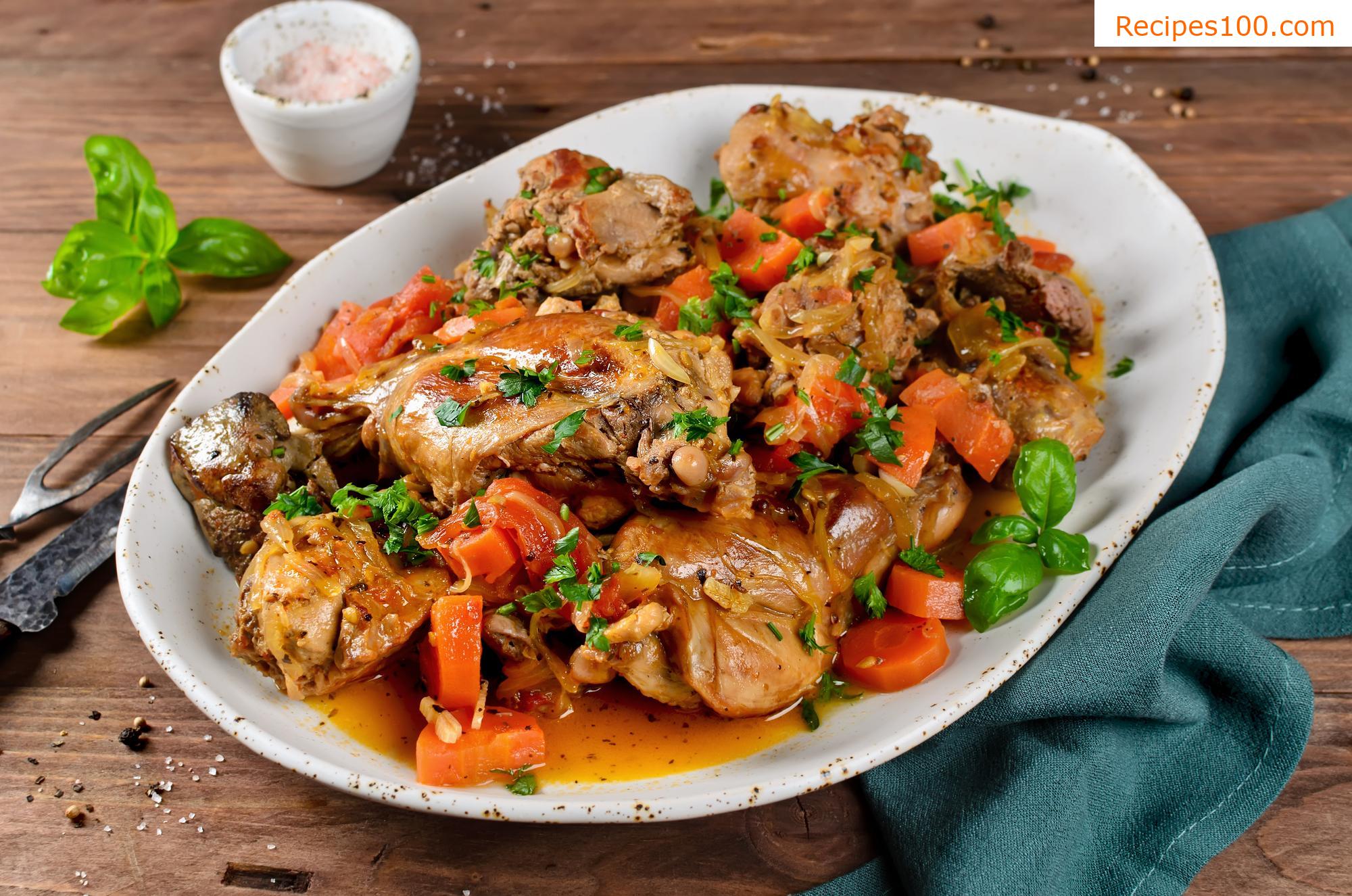 Rabbit roasted with vegetables and beer